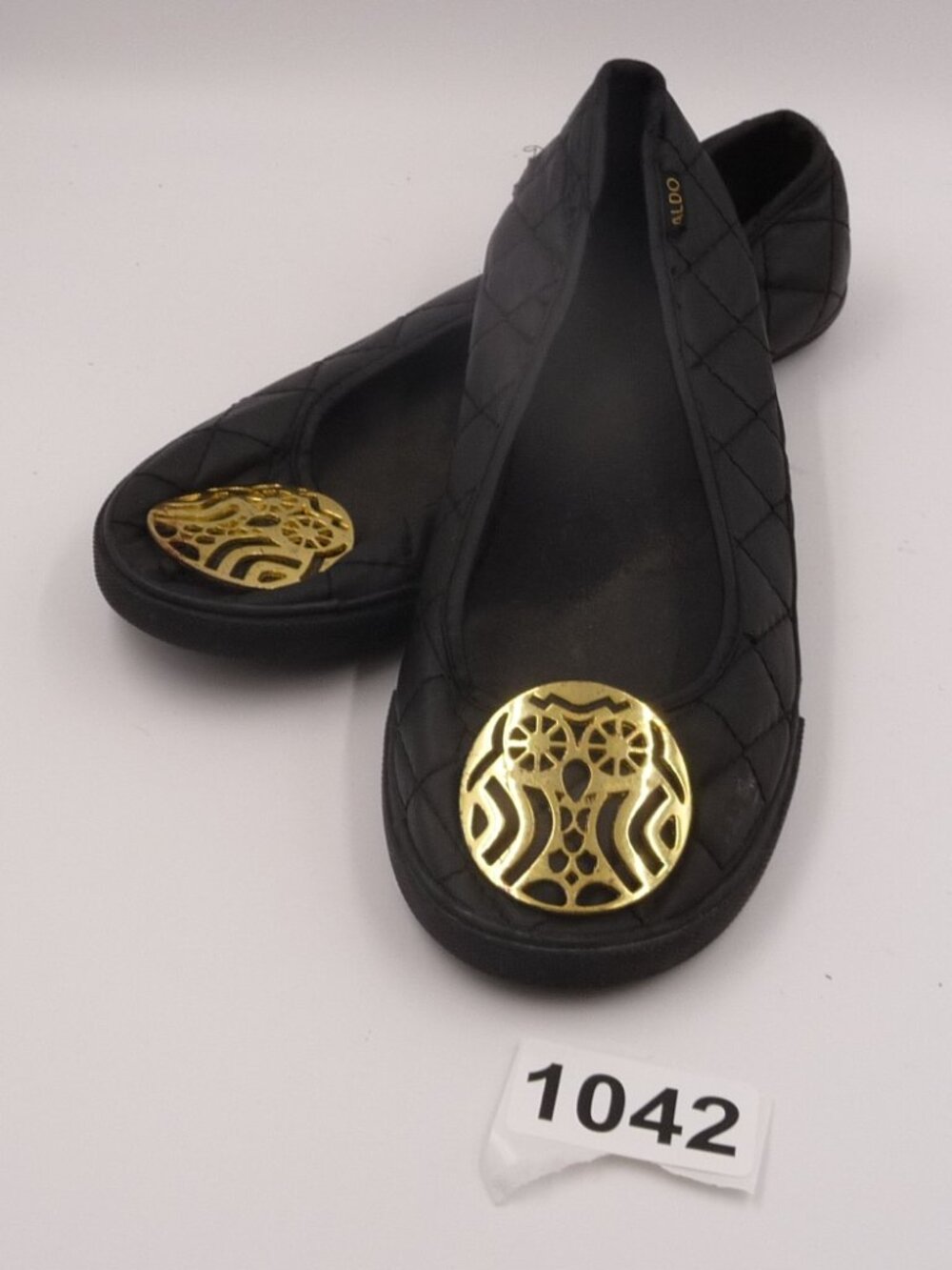 ALDO Black Quilted Ballet Flats Gold Medallion Shoes Size EU40